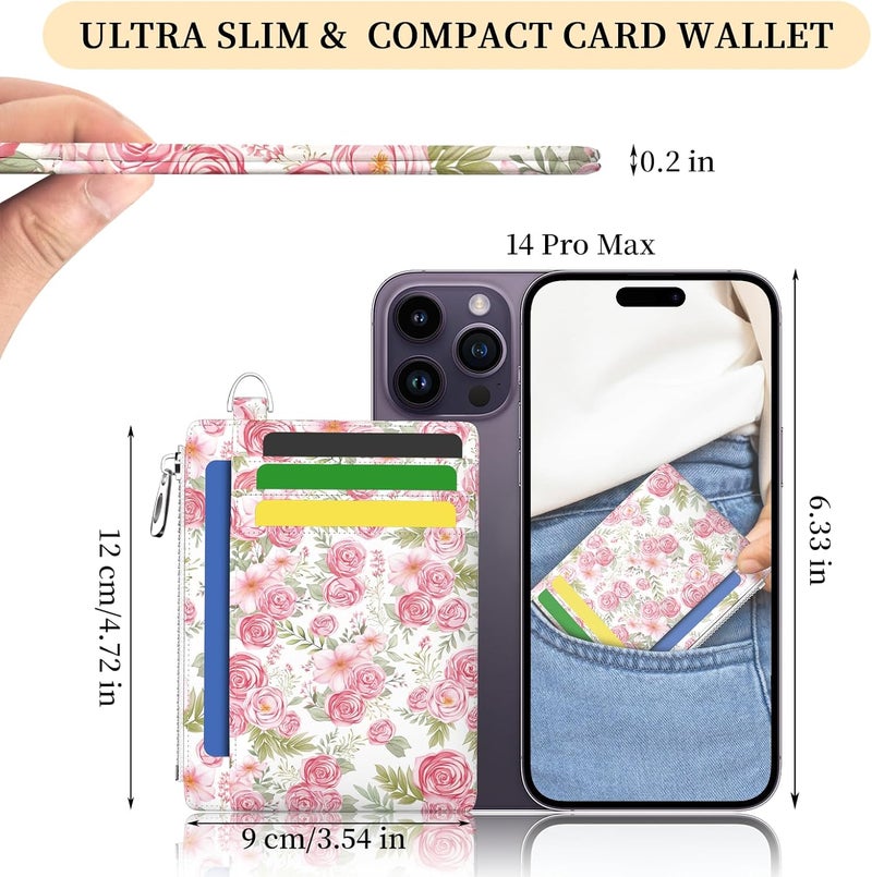Hancynir Slim Wallet Women Credit Card Holder Rose Flower Floral RFID Blocking Small Cute Card Wallets Mini Front Pocket PU Leather Card Case Thin Travel Zipper Coin Cash Ladies Female Wallet Gifts - Image 2